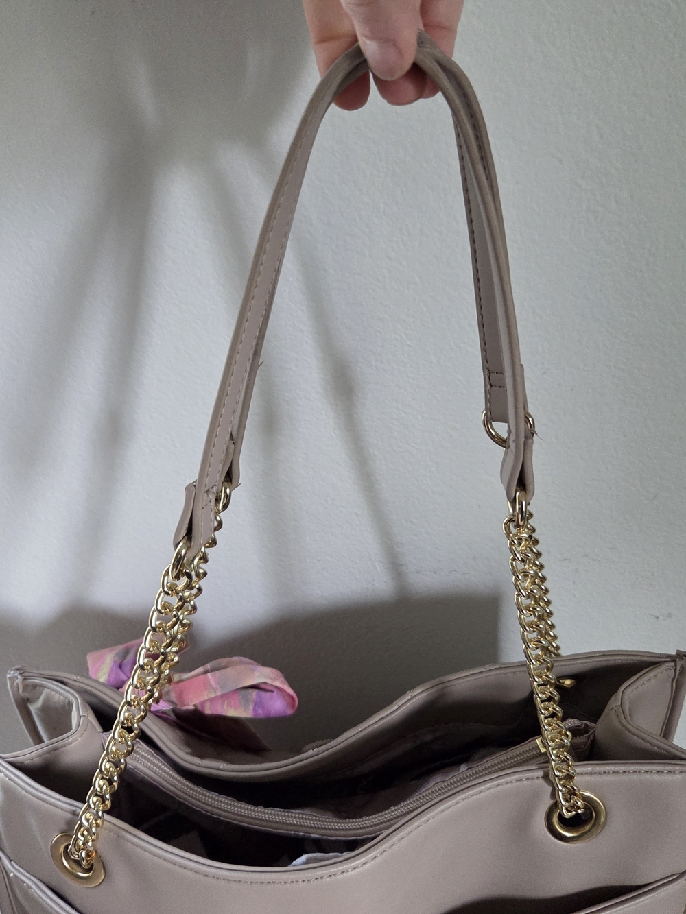 Betsey Johnson Women's Quilted Tote Bag in Light Taupe with Pink Scarf - Picture 5 of 12